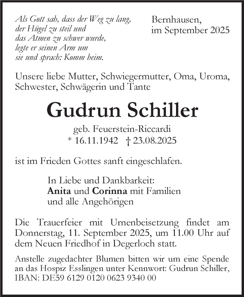  Traueranzeige für Gudrun Schiller vom 06.09.2025 aus Stuttgarter Zeitung / Stuttgarter Nachrichten