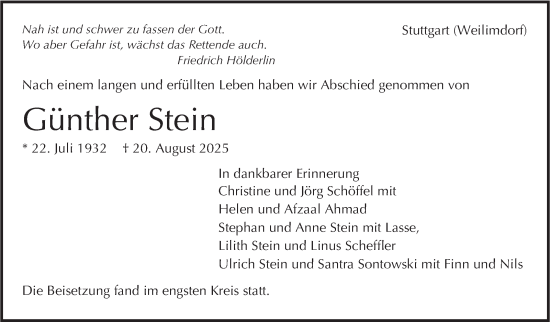 Traueranzeige von Günther Stein von Stuttgarter Zeitung / Stuttgarter Nachrichten
