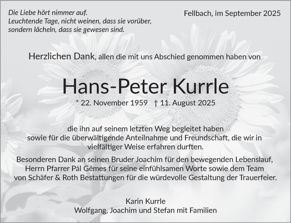  Traueranzeige für Hans-Peter Kurrle vom 12.09.2025 aus Stuttgarter Zeitung / Stuttgarter Nachrichten