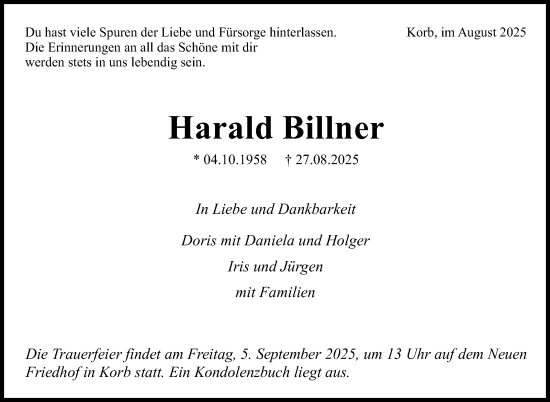 Traueranzeige von Harald Billner von Stuttgarter Zeitung / Stuttgarter Nachrichten