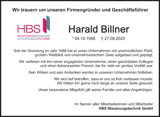 Traueranzeige von Harald Billner von Stuttgarter Zeitung / Stuttgarter Nachrichten