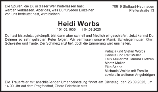 Traueranzeige von Heidi Worbs von Stuttgarter Zeitung / Stuttgarter Nachrichten