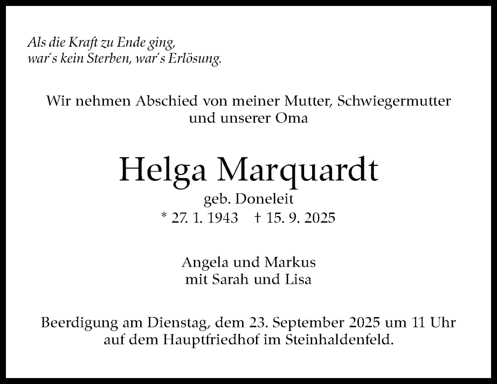  Traueranzeige für Helga Marquardt vom 20.09.2025 aus Stuttgarter Zeitung / Stuttgarter Nachrichten