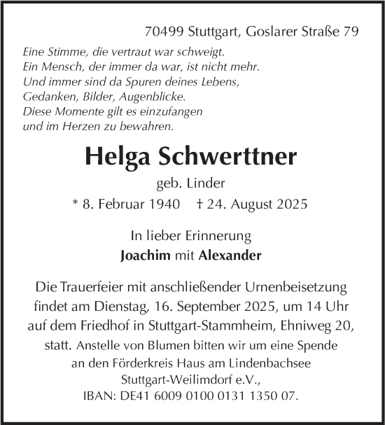 Traueranzeige von Helga Schwerttner von Stuttgarter Zeitung / Stuttgarter Nachrichten