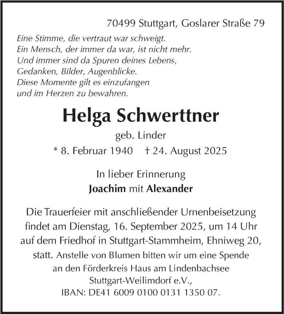  Traueranzeige für Helga Schwerttner vom 11.09.2025 aus Stuttgarter Zeitung / Stuttgarter Nachrichten