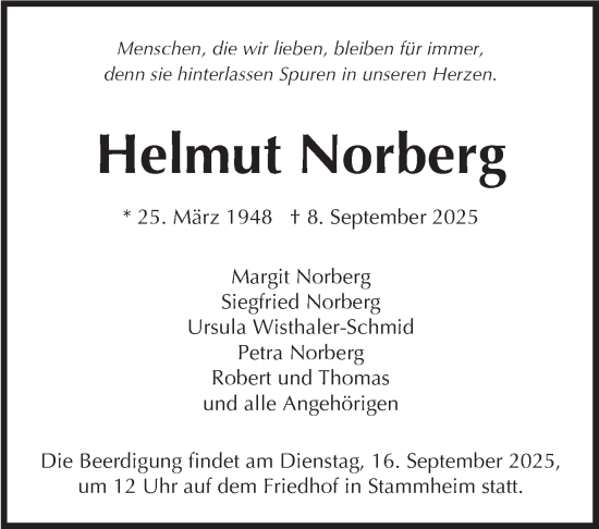 Traueranzeige von Helmut Norberg von Stuttgarter Zeitung / Stuttgarter Nachrichten