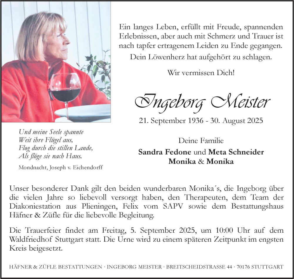  Traueranzeige für Ingeborg Meister vom 03.09.2025 aus Stuttgarter Zeitung / Stuttgarter Nachrichten