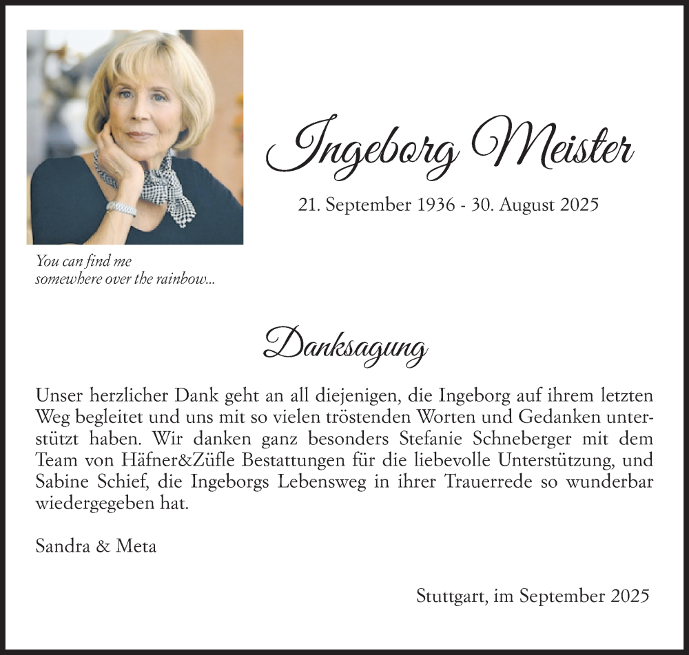  Traueranzeige für Ingeborg Meister vom 27.09.2025 aus Stuttgarter Zeitung / Stuttgarter Nachrichten