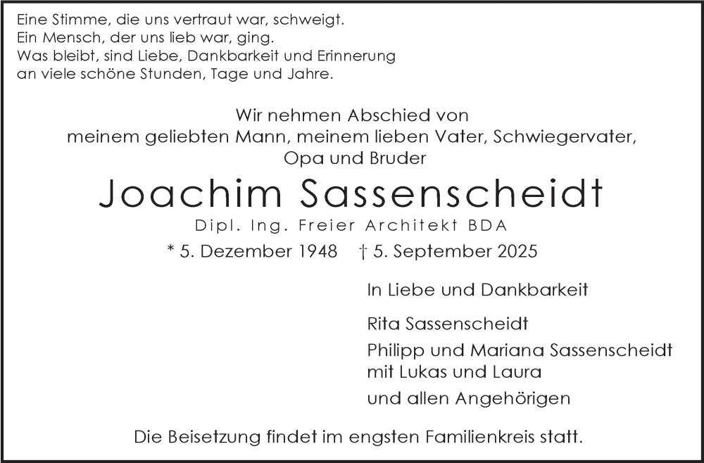  Traueranzeige für Joachim Sassenscheidt vom 13.09.2025 aus Stuttgarter Zeitung / Stuttgarter Nachrichten