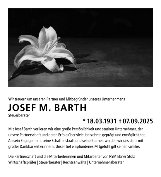 Traueranzeige von Josef M. Barth von Stuttgarter Zeitung / Stuttgarter Nachrichten