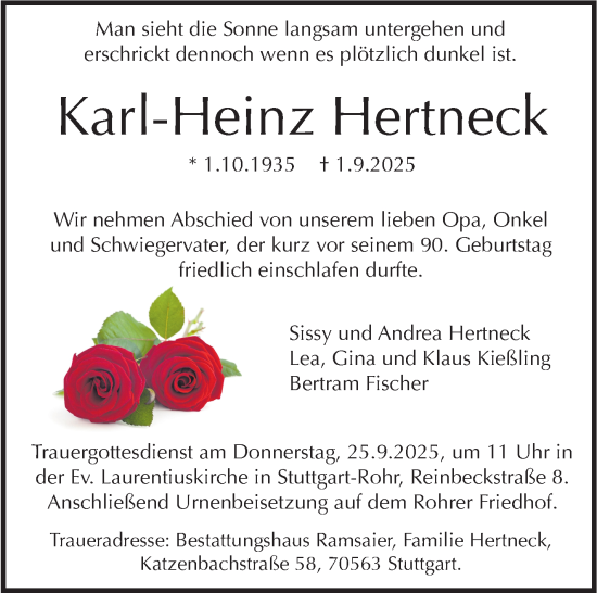Traueranzeige von Karl-Heinz Hertneck von Stuttgarter Zeitung / Stuttgarter Nachrichten