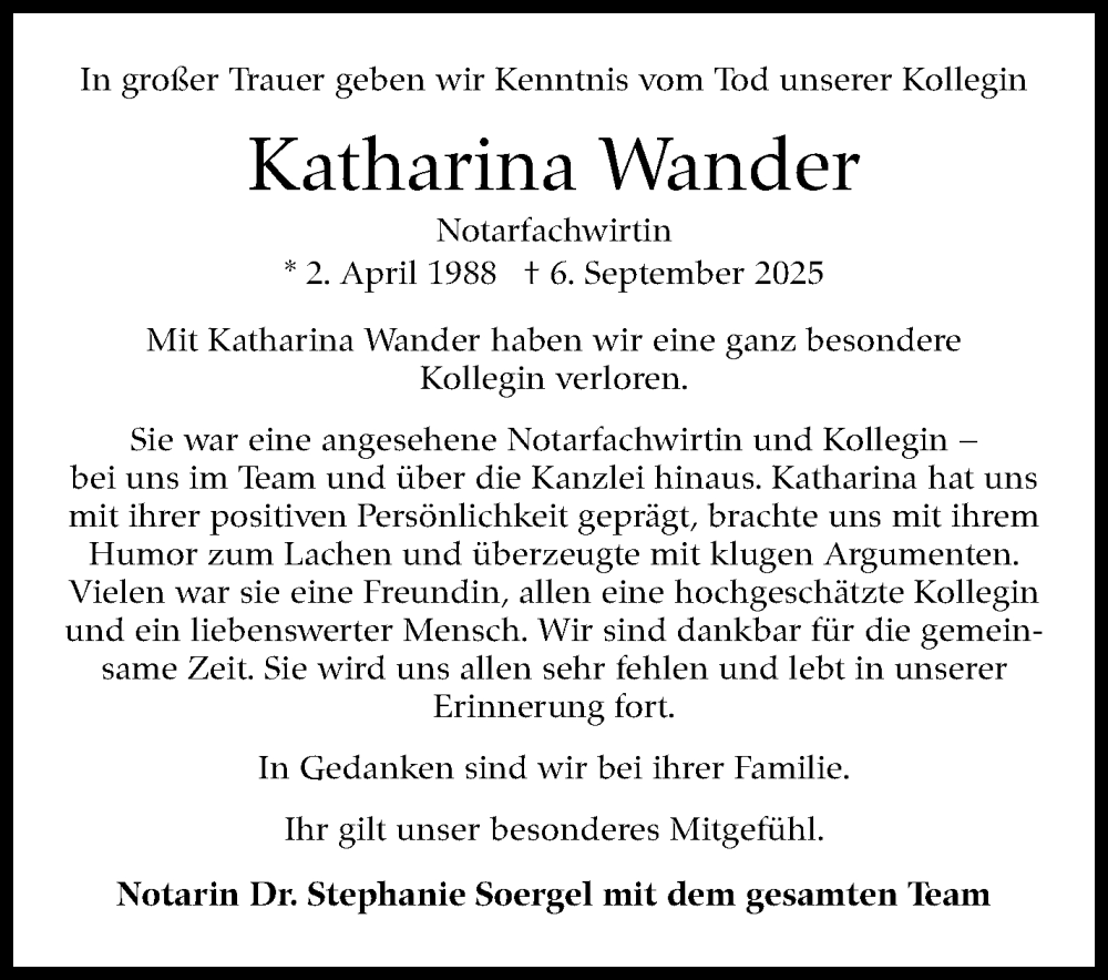  Traueranzeige für Katharina Wander vom 20.09.2025 aus Stuttgarter Zeitung / Stuttgarter Nachrichten
