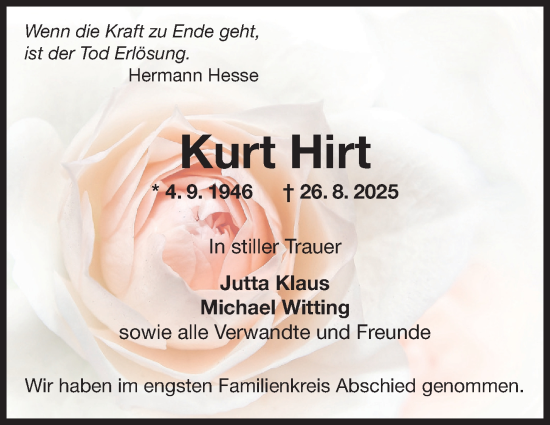 Traueranzeige von Kurt Hirt von Stuttgarter Zeitung / Stuttgarter Nachrichten