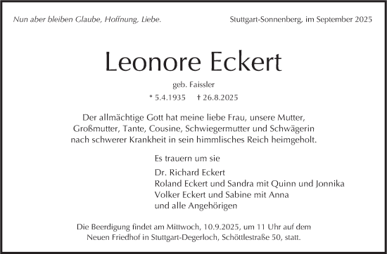 Traueranzeige von Leonore Eckert von Stuttgarter Zeitung / Stuttgarter Nachrichten