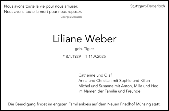 Traueranzeige von Liliane Weber von Stuttgarter Zeitung / Stuttgarter Nachrichten