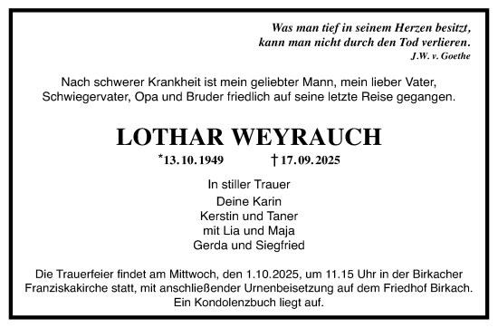 Traueranzeige von Lothar Weyrauch von Stuttgarter Zeitung / Stuttgarter Nachrichten