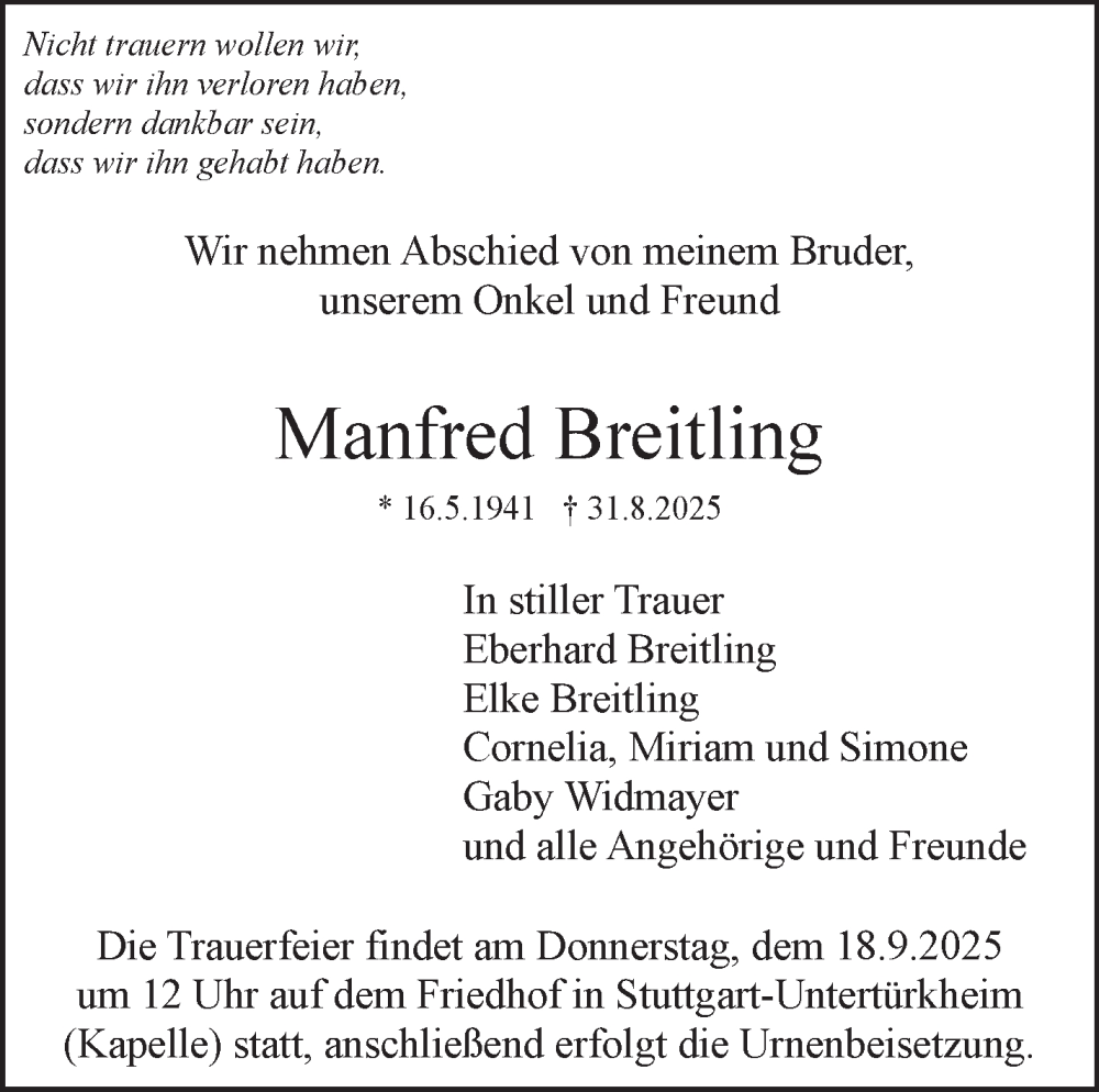  Traueranzeige für Manfred Breitling vom 04.09.2025 aus Stuttgarter Zeitung / Stuttgarter Nachrichten