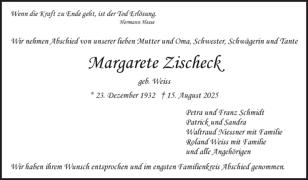  Traueranzeige für Margarete Zischeck vom 04.09.2025 aus Stuttgarter Zeitung / Stuttgarter Nachrichten