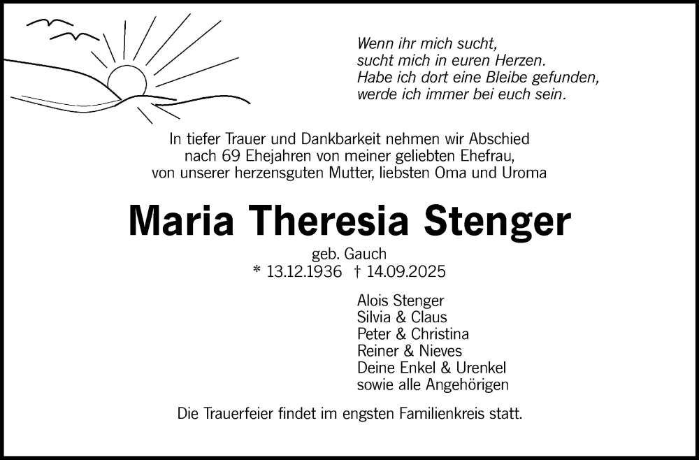  Traueranzeige für Maria Theresia Stenger vom 20.09.2025 aus Stuttgarter Zeitung / Stuttgarter Nachrichten