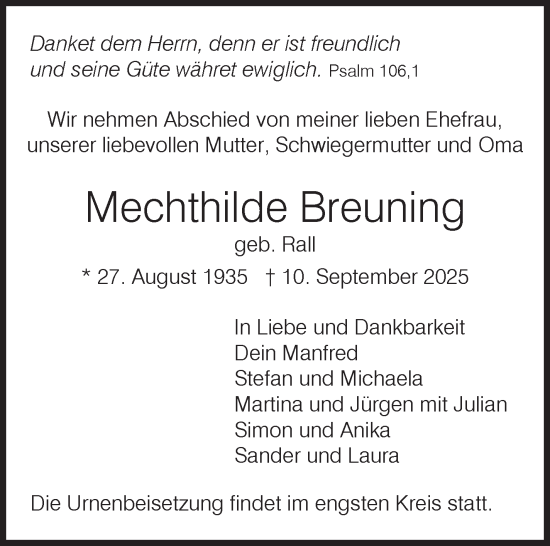 Traueranzeige von Mechthilde Breuning von Stuttgarter Zeitung / Stuttgarter Nachrichten