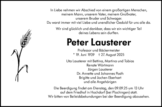 Traueranzeige von Peter Lausterer von Stuttgarter Zeitung / Stuttgarter Nachrichten