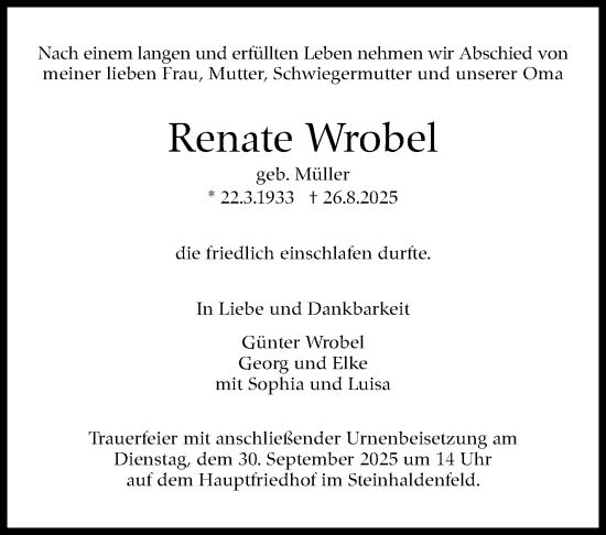 Traueranzeige von Renate Wrobel von Stuttgarter Zeitung / Stuttgarter Nachrichten