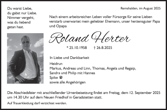 Traueranzeige von Roland Herter von Stuttgarter Zeitung / Stuttgarter Nachrichten