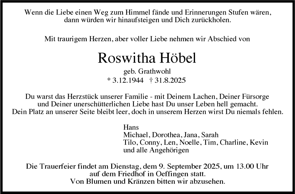  Traueranzeige für Roswitha Höbel vom 05.09.2025 aus Stuttgarter Zeitung / Stuttgarter Nachrichten