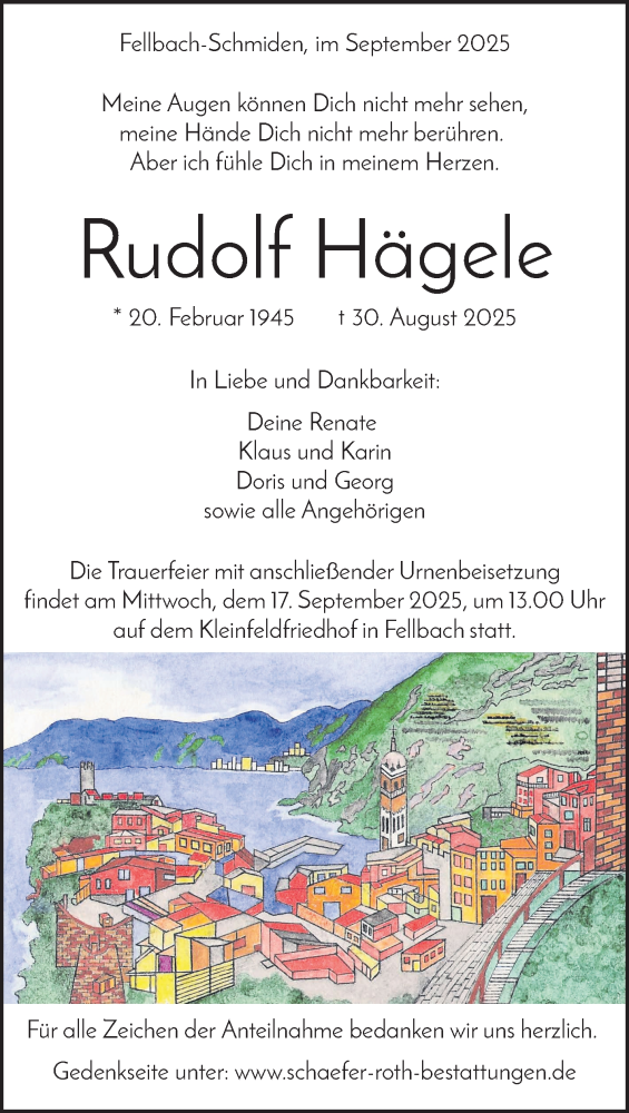  Traueranzeige für Rudolf Hägele vom 11.09.2025 aus Stuttgarter Zeitung / Stuttgarter Nachrichten