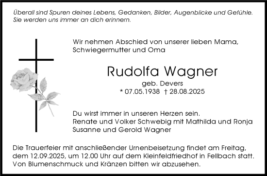 Traueranzeige von Rudolfa Wagner von Stuttgarter Zeitung / Stuttgarter Nachrichten