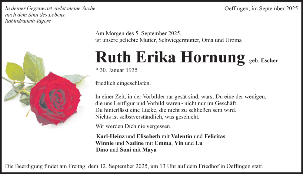  Traueranzeige für Ruth Erika Hornung vom 10.09.2025 aus Stuttgarter Zeitung / Stuttgarter Nachrichten