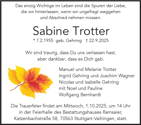 Traueranzeige von Sabine Trotter von Stuttgarter Zeitung / Stuttgarter Nachrichten