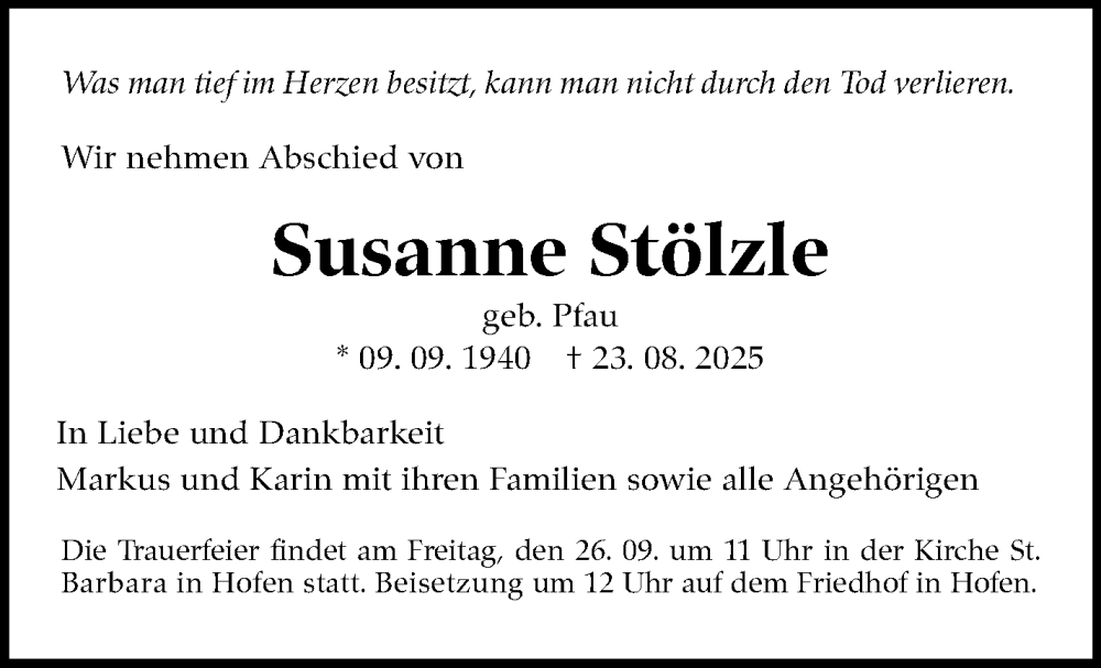  Traueranzeige für Susanne Stölzle vom 13.09.2025 aus Stuttgarter Zeitung / Stuttgarter Nachrichten