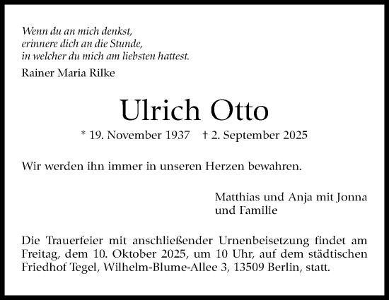 Traueranzeige von Ulrich Otto von Stuttgarter Zeitung / Stuttgarter Nachrichten