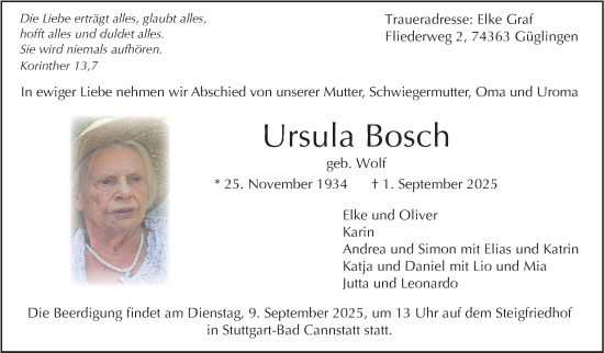 Traueranzeige von Ursula Bosch von Stuttgarter Zeitung / Stuttgarter Nachrichten
