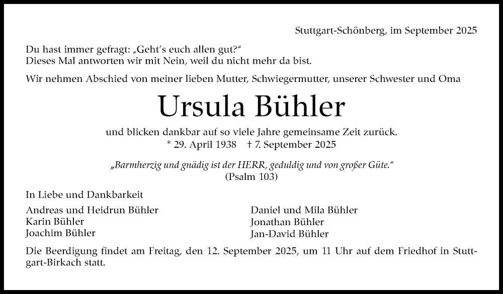  Traueranzeige für Ursula Bühler vom 11.09.2025 aus Stuttgarter Zeitung / Stuttgarter Nachrichten