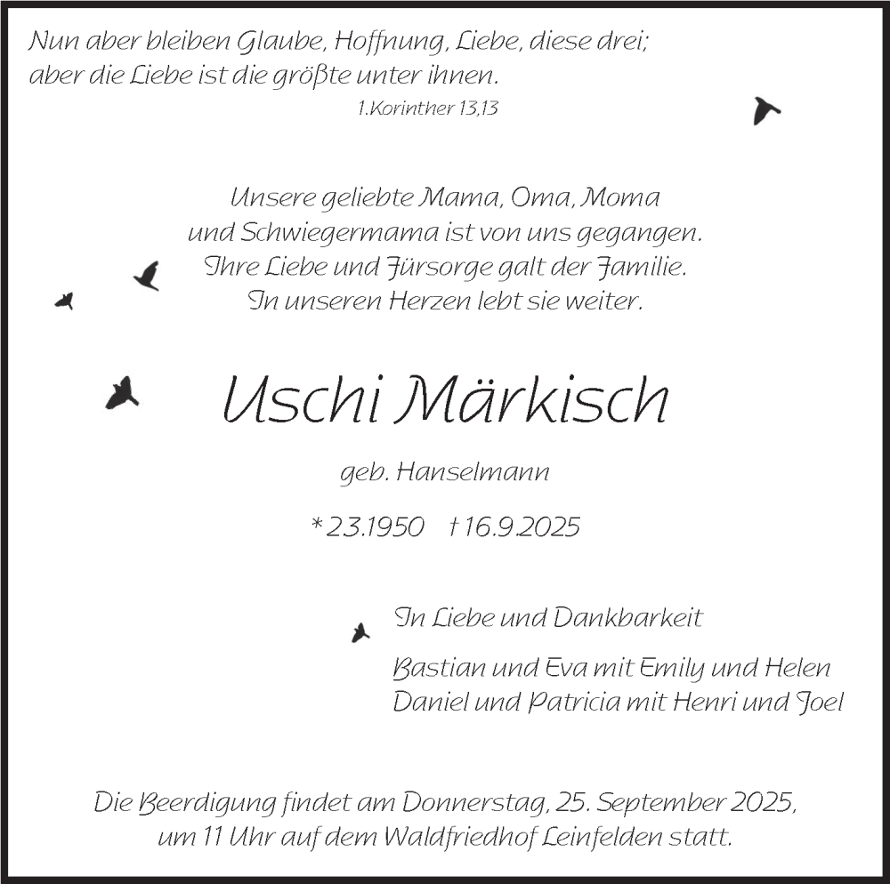  Traueranzeige für Uschi Märkisch vom 19.09.2025 aus Stuttgarter Zeitung / Stuttgarter Nachrichten