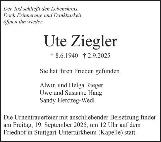 Traueranzeige von Ute Ziegler von Stuttgarter Zeitung / Stuttgarter Nachrichten