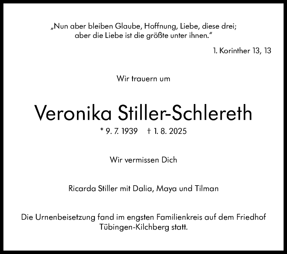  Traueranzeige für Veronika Stiller-Schlereth vom 13.09.2025 aus Stuttgarter Zeitung / Stuttgarter Nachrichten