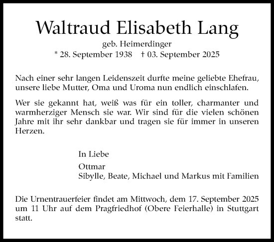 Traueranzeige von Waltraud Elisabeth Lang von Stuttgarter Zeitung / Stuttgarter Nachrichten