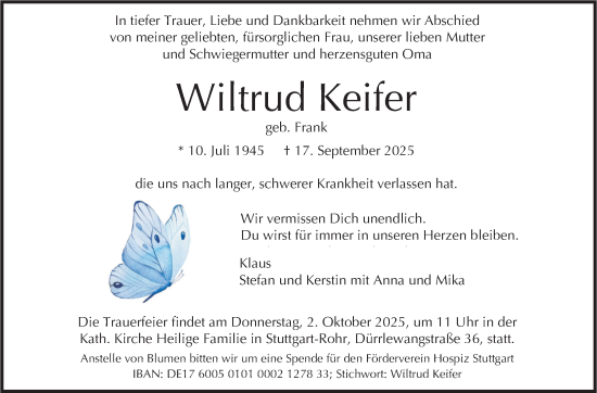 Traueranzeige von Wiltrud Keifer von Stuttgarter Zeitung / Stuttgarter Nachrichten
