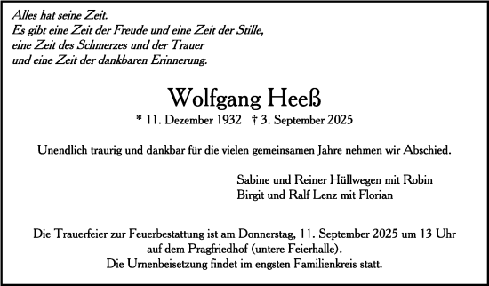 Traueranzeige von Wolfgang Heeß von Stuttgarter Zeitung / Stuttgarter Nachrichten