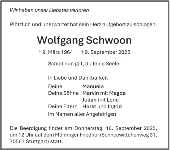 Traueranzeige von Wolfgang Schwoon von Stuttgarter Zeitung / Stuttgarter Nachrichten