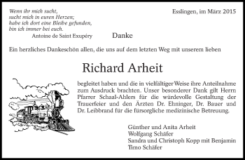 Traueranzeige von Richard Arheit von Eßlinger Zeitung/Cannstatter Zeitung