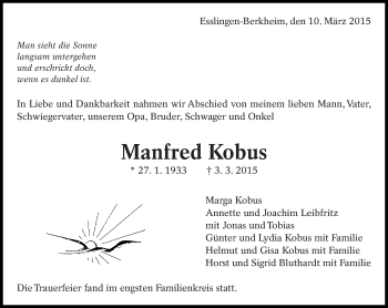 Traueranzeige von Manfred Kobus von Eßlinger Zeitung/Cannstatter Zeitung