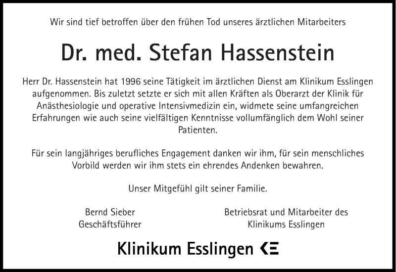  Traueranzeige für Stefan Hassenstein vom 28.01.2015 aus Eßlinger Zeitung/Cannstatter Zeitung