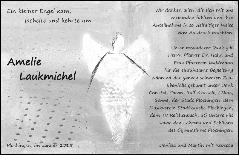  Traueranzeige für Amelie Laukmichel vom 24.01.2015 aus Eßlinger Zeitung/Cannstatter Zeitung
