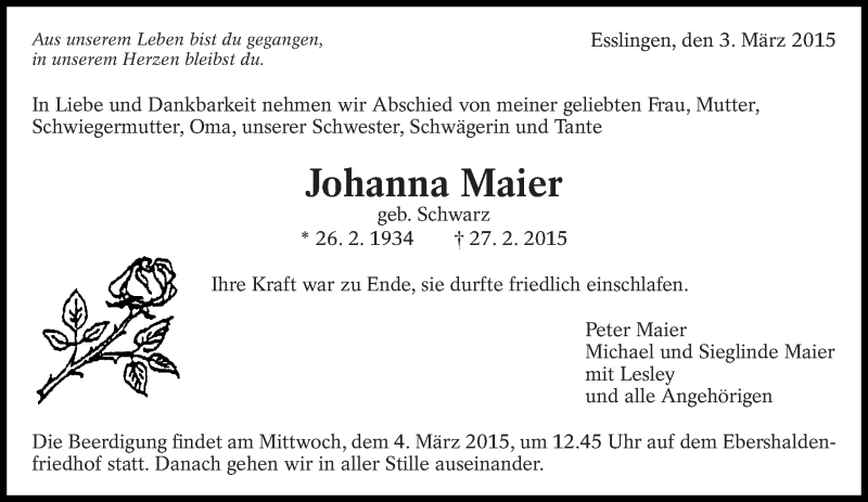  Traueranzeige für Johanna Maier vom 03.03.2015 aus Eßlinger Zeitung/Cannstatter Zeitung