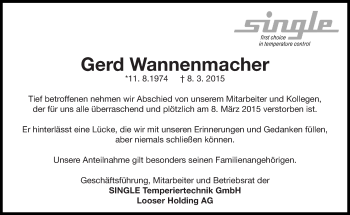 Traueranzeige von Gerd Wannenmacher von Eßlinger Zeitung/Cannstatter Zeitung