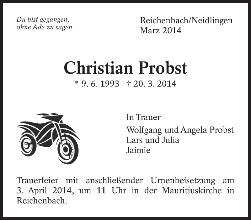  Traueranzeige für Christian Probst vom 31.03.2014 aus Eßlinger Zeitung/Cannstatter Zeitung